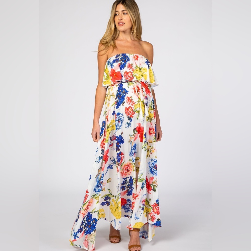 Pinkblush White Floral Strapless Maxi Dress with Blue, Red & Yellow Flowers